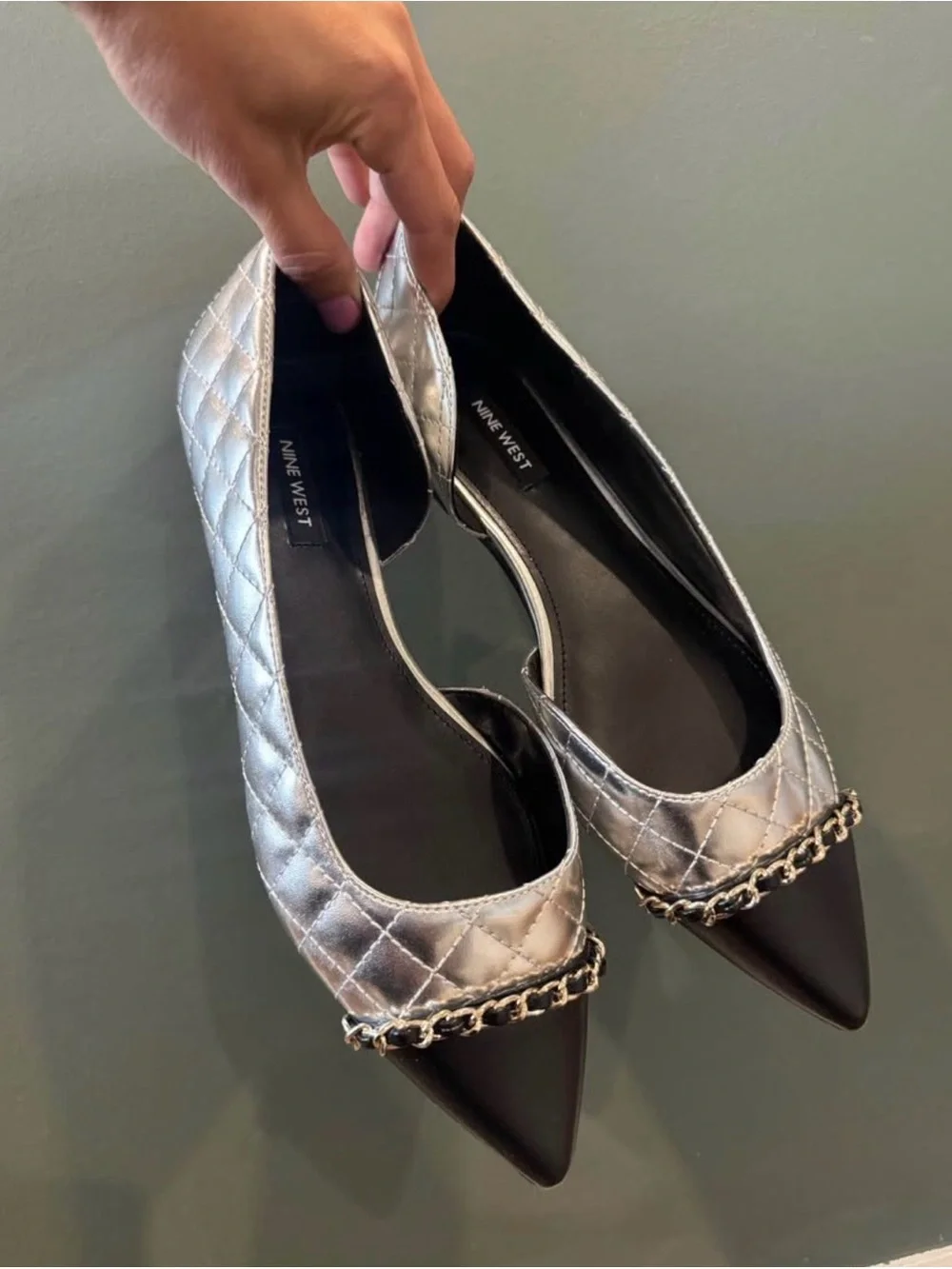 Nine West Silver Quilted Flats with Black Pointed Toe and Chain Trim